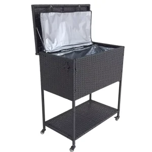 Custom Rattan Cooler Cart Outdoor Patio Rolling Ice Beverage Trolley Waterproof Insulated Cooler Cart for Garden Party