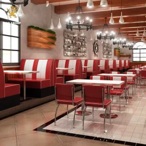 Custom Restaurant Dining Table Chairs American Retro Red White Striped Diner Booth Seating Set
