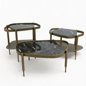 Custom Size Carbon Steel and Natural Stone Minimalist Convertible Coffee Side Table