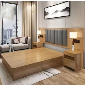 Custom Size Commercial Modern Hotel Furniture Single Beds Wood Bedroom Furniture King Size Hotel Beds with 2 Nightstand