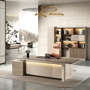Custom Size Geometric Minimalist Line Luxury Wooden Office Desk Modern Executive Office Desk LED Strip for Manager