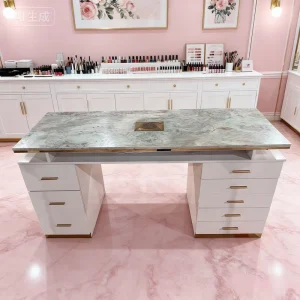 Custom Size Marble Top Nail Table MDF Frame Built In Dust Extractor Drawer Custom Color High End Salon Furniture