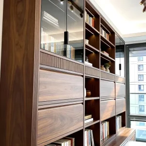 Custom Solid Walnut Wood Built in Bookcase with Modern Luxury LED lit Glass Door Eco friendly Home Office Storage with 8 Shelves
