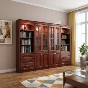 Custom Solid Wood Bookcase with Glass Doors Large Study Room Storage Cabinet