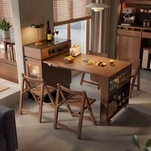 Custom Solid Wood Top Modern Folding Extendable Mobile Bar Table for Small Apartment Kitchen Island Dining Space