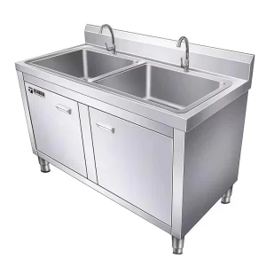 Custom Stainless Steel Double Sink Cabinet with Worktable for Commercial Kitchen Laboratory Furniture