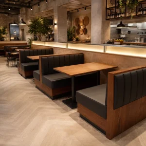 Custom Sushi Fast Food Furniture Channel Wall Long Bench Seating Luxury Cafe Dining Table Set Wooden Chairs for Restaurant