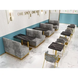 Custom Velvet Luxury Modern Gold Leg Bar Sofa Booth Seating Round Tables and Chairs Restaurant Furniture Booth Seating Sets