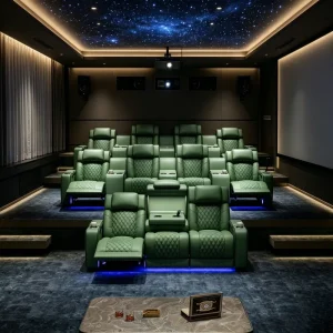 Custom Villa Private Cinema Furniture Olive Green Top Grain Leather Power Recliner Theater Chair Home Theater Sofa With