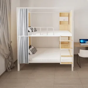 Custom White Metal Bunk Bed with Privacy Curtain and Desk 2 Person Heavy Duty Loft Bed for Student Dorm Hostel Custom Size Color