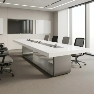 Custom White Rectangle Shape Solid Surface Material 12 Seat Meeting Room Tables and Chairs