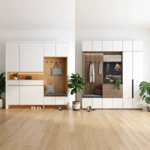 Custom Wood Accent Shoe Cabinet with Padded Seat Open Display Shelves Hallway Shoe Cabinet