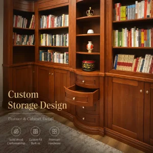 Custom Wooden Library Bookcase Built-in Wall Cabinet With Curved Storage For Luxury Study Room
