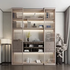 Customizable Chinese Style Wooden Bookshelf with LED Lighting for Living Room and Study Display Storage