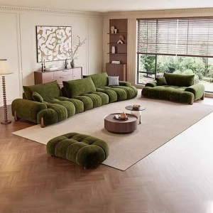 Customizable Dark Green French Retro Chenille Convertible Villa Sectional Sofa Set Modern Design Adjustable Backrest Rectangular