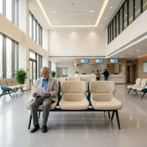 Customizable Hospital Waiting Chair 3 Seater Beige PU Leather Teal Trim Black Metal Frame OEM Supplier