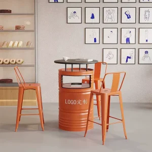 Customizable Industrial Bar Furniture Modern Design Logo Print Metal Oil Drum Tables and Chairs Barrel Table Set Commercial Use
