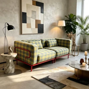 Customizable Modern Living Room Sofa Plaid Upholstery High Density Sponge Sturdy Metal Legs for Living Room Hotel Office Lounge