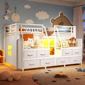 Customizable Modern Twin Loft Bed Frame with Storage Drawers and Metal Lights Apartment Bedroom Use ODM OEM Available