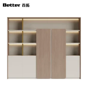 Customizable Modular Solid Wood Eco Friendly Large Capacity Office Background Wall Cabinet LED Lighted Executive Display