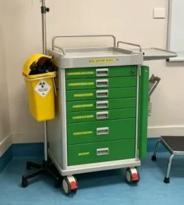 Customizable Plastic Medical Treatment and Nursing Trolley with Full Locking Bar Hospital Emergency Cart with Accessories