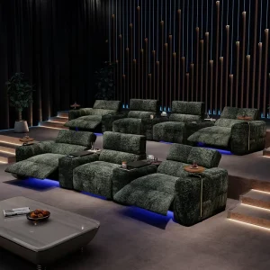 Customizable VIP Home Theater Seating Fabric Power Recliner Sofa with LED Ambient Light and Side Tables Multi Seat Cinema Sofa