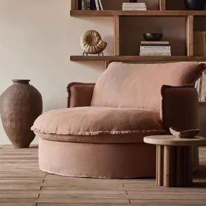 Customizable Wabi Sabi Round Linen Cotton Sofa Fully Removable Covers Vintage Fabric Single Lounge Chair for Balcony