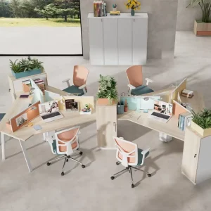 Customization 120 Degree Three Person Workstation Durable and Sturdy Modular Office Desk Made of Wood and Metal Combination