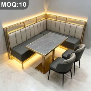 Customization OEM ODM Modern Luxury Dining Set Sintered Stone Table Stainless Steel Frame Metal Edge & Leather Chair Restaurant