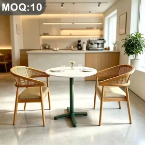 Customization OEM ODM Round Marble Table Leather Solid Wood Rattan Dining Chairs Restaurant Set for Restaurant Bar & Mall