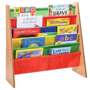 Customization Toddler Book Shelf Organizer 5 Multicolored Nylon Fabric Shelves Wooden Kids Book Case Storage Magazine Rack