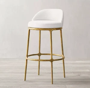 Customized American Country Retro Leather Bar Armchair White Linen Fabric Forged Cast Iron Feet Swivel Bar Stool