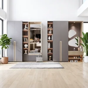 Customized Bottom Shoe Storage Cabinet with Light Open Display Hanging Clothes Soft Stools Household Furniture for Entry