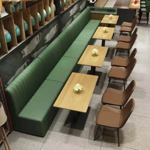 Customized Cafe Bar Wooden Table Top and Wood Frame Sofa Restaurant Booth Seating