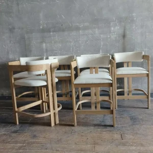 Customized Color American Country Solid Wood Leather Bar Armchair Luxury Modern White Oak Linen Fabric Bar Stool