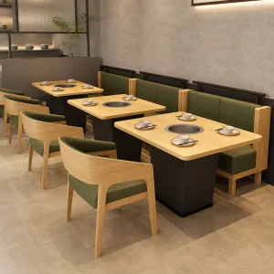 Customized Commercial Wooden Banquette Restaurant Booths and Sofas Commercial Fast Food Barbecue Hot Pot Table and Chair Sets