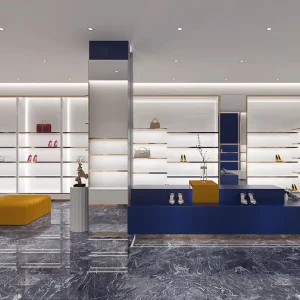 Customized Design Entire Store Wood Iron Stainless Steel LED Lights Mall Shoes and Bags Shop Furniture