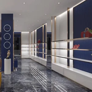 Customized Design LED Lights Mall Retail Shoes Bags Shop Display Furniture Hongkai Wood Metal