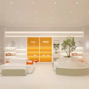 Customized Design Sports Shoes High Heels Leather Shoes Store Wide Wooden Island LED Light Strip Display Furniture