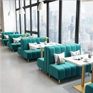 Customized Gold Velvet Restaurant Booth Seating Bench Banquette Booth Sofa and Marble Table for Cafe Bistro Dining Project