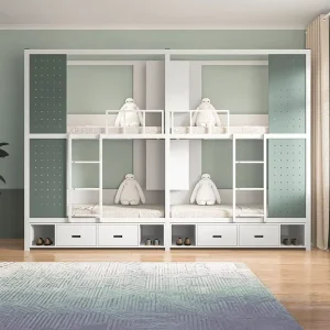 Customized Heavy Duty Metal Bunk Bed Set 4 Unit Double Decker Dorm Bed with Integrated Storage for School Staff Quarters