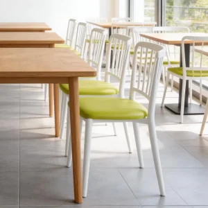 Customized Industrial Eco Friendly Durable Restaurant Dining Tables Chairs with Stackable Design for Hotels Schools Malls Gyms