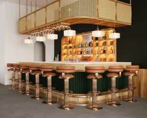 Customized Luxury Gold Stainless Steel Base Adjustable Swivel High Bar Stool for Western Restaurant and Cafe Furniture