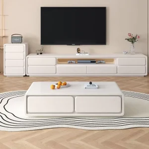 Customized MDF Cream White Double layer TV Cabinet for Modern Minimalist Living Room Coffee Table TV Cabinet Combination