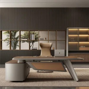 Customized Minimalistic Professional Italian Style Wood Panel Leather Texture Unique Aesthetic Executive Desk