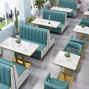 Customized Modern Restaurant Leather Booth Seating Set Marble Pattern Dining Table and Chair Set for Cafe Coffee Shop Hotel
