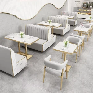 Customized Modern Restaurant Leather Booth Seating Set Marble Pattern Golden Dining Table and Chair for Cafe Coffee Shop Hotel