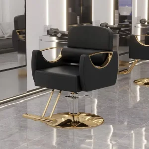 Customized Modern Stainless Steel Mobile Barber Chair Black and Gold Rotating Tilted Hair Salon Chair Metal Material