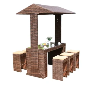 Customized Modern Villa Hotel Outdoor Aluminum Dining Bar Table Set with Glass Top Stools and Detachable Canopy