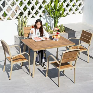 Customized Outdoor Aluminum Alloy Wood Plastic Composite Patio Tea House Coffee Bar Restaurant Table and Chair Set